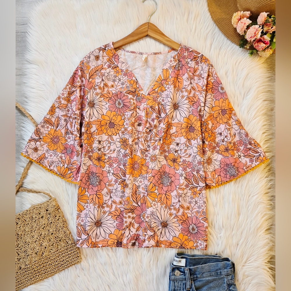 Floral V-Neck Women’s Top in Pink & Orange